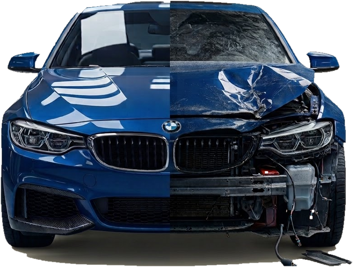 The same car shown intact on one side and with front-end damage on the other